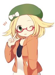  ;p alternate_costume ayu_(mog) bad_id bad_pixiv_id beret bianca_(pokemon) blonde_hair female glasses green_eyes hat hat_ribbon jacket looking_at_viewer one_eye_closed pokemon pokemon_bw2 ribbon semi-rimless_eyewear short_hair solo tongue tongue_out v white_background 