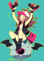  bad_id bad_pixiv_id bag baseball_cap black_footwear blue_background boots brown_hair cross-laced_footwear female hat hilda_(pokemon) holding holding_boots holding_clothes holding_footwear lace-up_boots long_hair open_mouth pikiru pokemon pokemon_(creature) pokemon_bw ponytail shoes sitting socks unworn_boots unworn_shoes woobat 