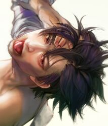  1boy :p black_hair brown_eyes commentary_request emiya_kiritsugu facial_hair fate/zero fate_(series) from_above hand_on_forehead katekari_yuusuke looking_up male_focus photoshop_(medium) realistic stubble tongue tongue_out 