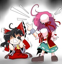  2girls :&lt; =_= ahoge anger_vein arm_up ascot bandages bare_shoulders belt black_hair blouse bobby_socks bow bun_cover chains chibi commentary_request covering_own_ears cuffs detached_sleeves double_bun emphasis_lines finger_wagging flying_sweatdrops from_behind gradient_background hair_bun hair_tubes hairbow hakurei_reimu head_tilt ibaraki_kasen kieyza multiple_girls pink_hair puffy_sleeves scolding shackles shirt shoes short_hair short_sleeves simple_background single_hair_bun sitting skirt socks sweat tabard touhou vest wariza 