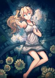  artbook bare_legs bare_shoulders barefoot blind blonde_hair blue_eyes bow commentary dress english_commentary female flower foreshortening frilled_dress frills hairbow katawa_shoujo lips long_hair official_art outstretched_hand ponytail satou_lilly skirt smile softmode solo sunflower white_skirt 