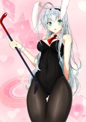  absurdres ameyoshi animal_ears aqua_eyes breasts cleavage commentary_request crowbar detached_collar female haiyore!_nyaruko-san highres holding holding_crowbar long_hair medium_breasts necktie nyarlathotep_(nyaruko-san) open_mouth pantyhose playboy_bunny rabbit_ears thigh_gap white_hair wide_hips wrist_cuffs 