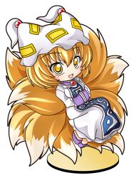  bad_id bad_pixiv_id blonde_hair chibi dress female fox_tail hands_in_opposite_sleeves hat looking_at_viewer multiple_tails open_mouth shinjitsu short_hair sitting_on_own_tail smile solo tabard tail touhou white_dress yakumo_ran yellow_eyes 