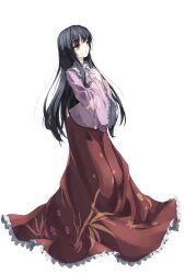  awa_yume black_hair commentary_request female hands_on_own_chest houraisan_kaguya long_hair long_skirt own_hands_together patterned simple_background skirt solo touhou white_background wide_sleeves yellow_eyes 