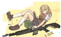  ammunition_box battle_rifle blonde_hair blue_eyes bow bowtie breasts female gun m14 m14_(upotte!!) medium_breasts panties_(pantsu-pirate) rifle skirt skirt_tug socks solo sweater_vest upotte!! weapon 