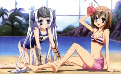  2girls absurdres ahoge armor barefoot bikini blue_eyes blush brown_hair collarbone detexted eucliwood_hellscythe feet flat_chest flower hair_flower hair_ornament hair_ribbon hairclip haruna_(korezom) hibiscus highres imageboard_desourced indoors kneeling kore_wa_zombie_desu_ka? legs long_hair multiple_girls navel non-web_source oerba_yun_fang official_art one-piece_swimsuit open_mouth pool poolside purple_eyes ribbon sand school_swimsuit shorts soles striped_bikini striped_clothes swimsuit tagashira_shinobu third-party_edit twintails very_long_hair visor_(armor) water white_hair 