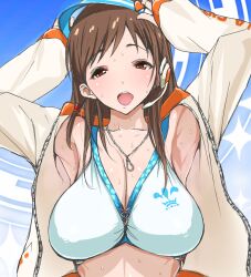  armpits arms_up bikini bikini_top_only breasts brown_eyes brown_hair cleavage commentary_request female headset idolmaster idolmaster_cinderella_girls jacket jewelry large_breasts long_hair nitta_minami open_clothes open_jacket open_mouth poin_(hidsuki) smile solo sweat swimsuit 