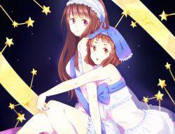  2girls bad_id bad_pixiv_id bare_shoulders brown_eyes brown_hair chitanda_eru hyouka ibara_mayaka long_hair madoromi_no_yakusoku midriff multiple_girls nightgown open_mouth oyu_yazume purple_eyes see-through strapless tube_top 