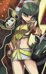  commentary elesa_(pokemon) emolga female headphones navel photoshop_(medium) pokemon pokemon_(creature) pokemon_bw2 woofycakes zebstrika 