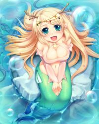  :d blonde_hair breasts bubble cleavage commentary_request female green_eyes harlem_heart highres large_breasts long_hair looking_up mermaid monster_girl navel open_mouth original pointy_ears rock sitting sitting_on_rock smile solo sorano_(12gou) v_arms very_long_hair water wet 