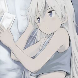  blue_eyes commentary_request crop_top eila_ilmatar_juutilainen female long_hair lying midriff on_bed on_side solo strike_witches tank_top tsuchii_(ramakifrau) white_hair world_witches_series 