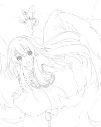  bad_id bad_pixiv_id commentary_request copyright_request feathers female greyscale long_hair monochrome partial_commentary smile wings yu-ves 