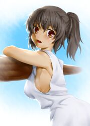  armpits bad_id bad_pixiv_id bare_shoulders black_hair breasts brown_eyes brown_hair dark-skinned_female dark_skin fate/zero fate_(series) female looking_at_viewer onsoku_inu paint.net_(medium) ponytail shirley_(fate) sideboob small_breasts solo 