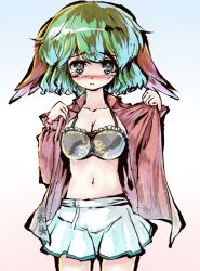  animal_ears blush bra breasts cleavage commentary_request embarrassed female green_eyes green_hair kasodani_kyouko lingerie medium_breasts open_clothes open_shirt sakimori_dan shirt short_hair skirt solo tears touhou underwear undressing 