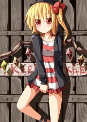  alternate_costume blonde_hair blush bow casual commentary_request contemporary dress female flandre_scarlet hairbow hood hooded_jacket jacket ominaeshi_(takenoko) open_clothes open_jacket red_eyes side_ponytail solo striped_clothes striped_dress touhou wings 