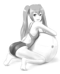  ball commentary_request competition_swimsuit exercise_ball female greyscale leaning_on_ball long_hair looking_back monochrome one-piece_swimsuit original swimsuit tk4 twintails 