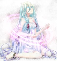  ai_(pandora_voxx) bare_shoulders barefoot blue_hair braid commentary_request female gradient_hair grey_hair ia_(vocaloid) long_hair looking_away looking_up multicolored_hair roku-chou_nen_to_ichiya_monogatari_(vocaloid) sitting solo twin_braids usoyana very_long_hair vocaloid 