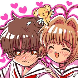  1boy 3: :d ^_^ animal animal_on_head bad_id bad_pixiv_id blush brown_eyes brown_hair cardcaptor_sakura closed_eyes female kero_(cardcaptor_sakura) kinomoto_sakura li_syaoran lolicon lowres on_head open_mouth pekoperi school_uniform serafuku short_hair smile tomoeda_elementary_school_uniform 