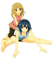  2girls assisted_stretching barefoot blonde_hair blue_hair braid breasts brown_eyes casual cleavage collarbone commentary_request feet furutani_himawari hair_ornament hairband hairclip highres leaning_forward leggings medium_breasts multiple_girls odamanoe oomuro_sakurako pushing simple_background small_breasts soles stretching toes twin_braids white_background yuru_yuri 