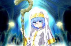  blue_eyes blue_hair commentary_request female glasses habit kikuchi nun robe semi-rimless_eyewear short_hair staff tabitha_(zero_no_tsukaima) under-rim_eyewear zero_no_tsukaima 