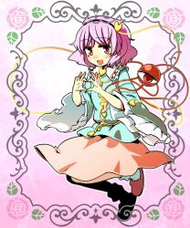  4-fingers_heart_hands border commentary_request female flower hairband heart heart_hands hota komeiji_satori open_mouth purple_hair red_eyes short_hair skirt slippers socks solo third_eye touhou wide_sleeves 