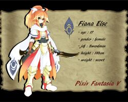  bad_id bad_pixiv_id commentary_request dual_wielding english_text female fiana_else holding long_hair pixiv_fantasia pixiv_fantasia_5 smile solo sword weapon yu-ves 