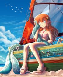  beach bikini blastoise blue_eyes boat commentary dated day earrings english_commentary female fish_tail glitcher gyarados hair_ornament jewelry kasumi_(pokemon) lapras long_hair luvdisc marill mermaid_costume milotic necklace ocean octillery orange_hair outdoors pokemon pokemon_(anime) pokemon_(classic_anime) pokemon_(creature) sailboat sandals signature sitting starmie swimsuit tail towel water watercraft watermark wet wingull 