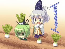  2girls :d anger_vein buried commentary_request daikon dress garden green_dress green_eyes green_hair grey_eyes hat japanese_clothes mononobe_no_futo multiple_girls open_mouth ponytail radish scowl shaded_face shimada_(simada_bu) sitting skirt smile soga_no_tojiko sparkle tate_eboshi touhou translated wide_sleeves 