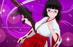  alternate_costume armalite_armor_penetrating_beam_gun assault_rifle bad_id bad_pixiv_id black_hair bow brown_hair chiaki_kurihara copyright_name female glasses gun h&amp;k_g36 hairbow hime_cut japanese_clothes long_hair miko miniskirt_pirates photoshop_(medium) red-framed_eyewear rifle semi-rimless_eyewear smile solo wanco_(7200rpm) weapon 