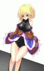  bad_id bad_pixiv_id bare_shoulders blonde_hair blush breasts female from_above green_eyes large_breasts mizuhashi_parsee short_hair sitting solo sousakubito tears touhou undressing 