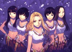  5girls black_hair blonde_hair brown_eyes brown_hair commentary_request crop_top fingerless_gloves gloves goo_hara grin han_seungyeon hand_on_own_hip jewelry jung_nicole kang_jiyoung kara_(band) long_hair looking_at_viewer midriff multiple_girls navel necklace park_gyuri park_sung_woo photoshop_(medium) real_life shiny_skin short_hair smile 