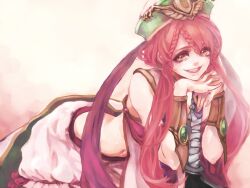  1boy bad_id bad_pixiv_id bare_shoulders braid hat head_rest hina_(xoxo) long_hair magi_the_labyrinth_of_magic male_focus midriff navel open_mouth otoko_no_ko own_hands_clasped own_hands_together pink_eyes pink_hair red_eyes red_hair ren_kouha smile solo 