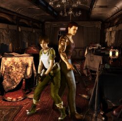  1boy absurdres billy_coen capcom cuffs female gun hand_cuff handcuffs highres official_art rebecca_chambers resident_evil resident_evil_0 weapon 