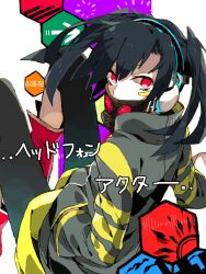  arrow_(symbol) audio_visualizer bandaid bandaid_on_face black_hair black_thighhighs blunt_ends boots collared_jacket commentary_request covered_mouth enomoto_takane feet_out_of_frame female from_behind gas_mask grey_jacket hand_in_pocket headphone_actor_(vocaloid) headphones hexagon high_collar jacket kagerou_project long_hair long_sleeves looking_at_viewer looking_back mask mask_around_neck multicolored_background multicolored_clothes multicolored_jacket partial_commentary purple_background red_eyes red_footwear shoes sitting skirt solo song_name striped_clothes striped_jacket sun_symbol thighhighs timestamp turning_head twintails two-tone_jacket white_background wonoco0916 yellow_jacket yellow_skirt 