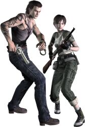  1boy absurdres belt billy_coen boots brown_hair capcom cuffs denim dog_tags female full_body gun hand_cuff hand_cuffs handcuffs highres jeans official_art pants rebecca_chambers resident_evil resident_evil_0 revolver rifle short_hair shotgun tattoo tribal_tattoo vest weapon 