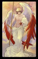  1boy angel angel_wings apple art_nouveau blonde_hair commentary_request cross fate/stay_night fate_(series) food fruit full_body gilgamesh_(fate) groin highres holding holding_food holding_fruit long_hair male_focus multicolored_wings photoshop_(medium) red_eyes red_wings robe short_hair smile solo tarot tarot_(medium) topless_male vetania white_wings wings 