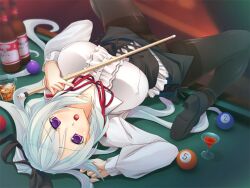  :o akasaka_mahiru alcohol ball billiard_ball billiards bottle bow cue_stick drink female fusataka_shikibu game_cg glass hairbow long_hair long_sleeves lying on_back panties panties_under_pantyhose pantyhose pool_table purple_eyes riajuu_saimin solo table thighband_pantyhose underwear upside-down 