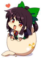  bad_id bad_pixiv_id black_wings blush bow brown_eyes chibi egg female green_bow green_skirt hairbow hatching heart long_hair matatabi_maru open_mouth ponytail purple_hair radiation_symbol reiuji_utsuho shirt skirt smile solo third_eye touhou wings 