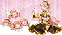  &gt;_&lt; armband bass_clef beamed_eighth_notes closed_eyes conductor conductor_baton eating eighth_note female hako_(piapro) half_note headphones highres long_hair megurine_luka music musical_note open_mouth photoshop_(medium) pink_hair quarter_note seiza sharp_sign sheet_music sitting skirt smile takoluka thighhighs treble_clef vocaloid 