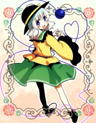  :d blue_eyes bow commentary_request female flower from_behind gradient_hair hat hat_bow heart heart-shaped_pupils heart_hands heart_of_string hota komeiji_koishi looking_back multicolored_hair open_mouth rose skirt smile solo symbol-shaped_pupils third_eye touhou 