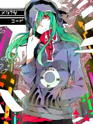  commentary_request female green_hair hair_over_one_eye hand_in_pocket hood hoodie kagerou_project kido_tsubomi long_hair looking_away mekakushi_code_(vocaloid) red_eyes solo vocaloid wonoco0916 