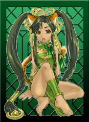  animal_ears ankle_cuffs barefoot bell black_hair brown_eyes cat_ears choker feet female green_skirt imageboard_desourced kan_ginpei long_hair non-web_source open_mouth rakuto_mangan ribbon sangokushi_taisen sidelocks sitting skirt soles solo tail toenails toes twintails very_long_hair wrist_cuffs 