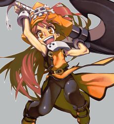  anchor brown_eyes brown_hair commentary_request female fingerless_gloves gloves guilty_gear hat long_hair may_(guilty_gear) oerba_yun_fang orange_hat orange_shirt pantyhose pirate_hat shirt skull_and_crossbones solo ysk! 