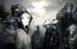  blue_eyes commentary_request crossed_arms cyborg female hood hoodie jacket mechanical mechanical_parts oguchi original 