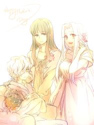  3girls bouquet claudia_hortensia commentary dress eyepatch fate/zero fate_(series) flower green_hair irisviel_von_einzbern irisviel_von_einzbern_(angel&#039;s_song) light_green_hair long_hair mature_female mother&#039;s_day multiple_girls red_eyes shawl short_hair sunday31 tohsaka_aoi wavy_hair white_hair yellow_eyes 