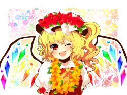  ascot azu_(kirara310) bad_id bad_pixiv_id blonde_hair blush female flandre_scarlet floral_background flower flower_necklace hat hat_flower head_wreath jewelry necklace oerba_yun_fang one_eye_closed open_mouth red_eyes short_hair side_ponytail smile solo touhou wings 