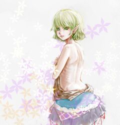  back blonde_hair commentary_request covering_breasts covering_privates danmaku female green_eyes looking_back ma_nyan_(nyao_mao_nyao) mizuhashi_parsee pointy_ears short_hair solo topless touhou undressing 