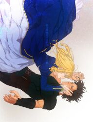  1boy ahoge artoria_pendragon_(fate) black_hair blonde_hair commentary_request diarmuid_ua_duibhne_(lancer)_(fate) dress falling fate/zero fate_(series) female green_eyes hair_down hair_ribbon hands_on_another&#039;s_face highres long_hair ribbon saber_(fate) stmtyn0415 