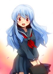  aged_down alternate_costume bad_id bad_pixiv_id bag blue_hair blush female kamishirasawa_keine long_hair marimo_danshaku neckerchief no_headwear open_mouth red_eyes school_bag school_uniform serafuku shirt skirt skirt_set smile solo touhou v_arms 