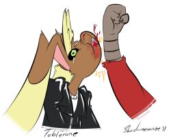  2011 anthro avian beat_up bird black_sclera blaziken blood bodily_fluids clothing duo generation_3_pokemon generation_4_pokemon green_eyes humor jacket lagomorph leporid lopunny male mammal nintendo pink_nose pokemon pokemon_(species) punch rabbit ratboigles simple_background toblerone topwear violence white_background 